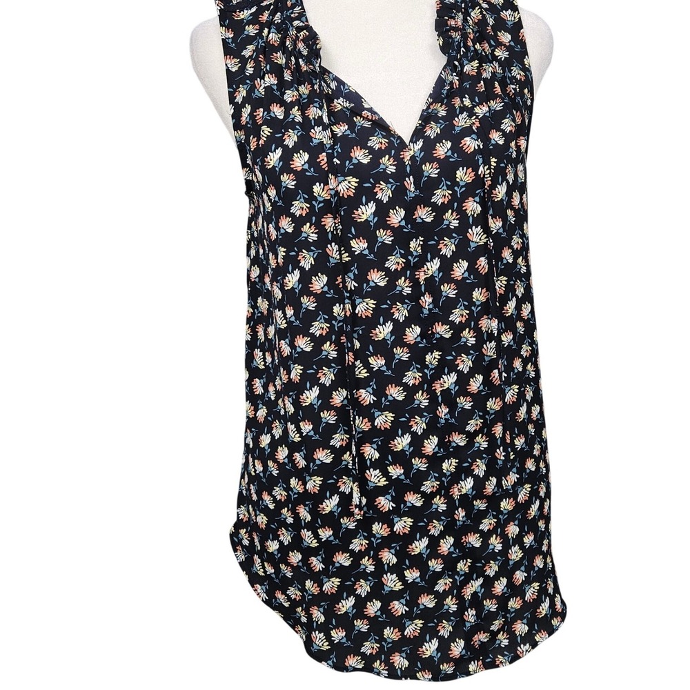 LOFT Women XS Floral Ruffle Neck Tie Sleeveless Blouse Navy Blue Mixed Media NEW